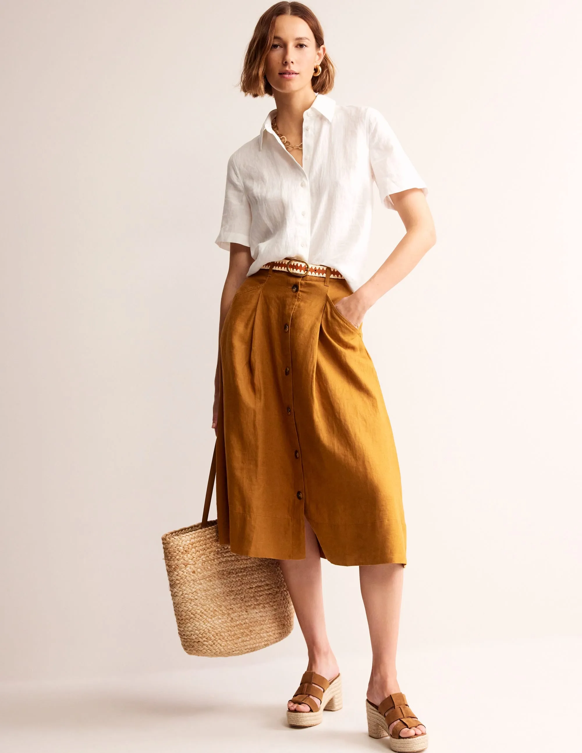 Petra Linen Midi Skirt-Bronze Brown
