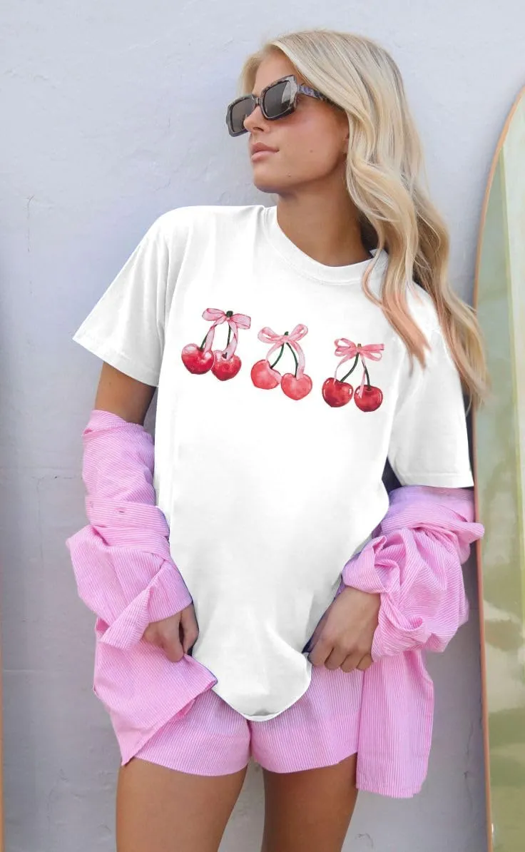 Pink Bow Cherries Shirt Women: Coquette Tops Clean Girl Aesthetic Shirts Casual Summer Short Sleeve Tshirt