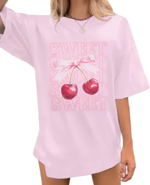 Pink Bow Cherries Shirt Women: Coquette Tops Clean Girl Aesthetic Shirts Casual Summer Short Sleeve Tshirt