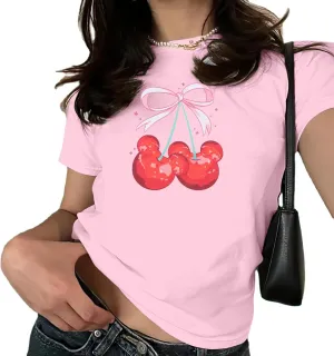 Pink Bow Cherries Shirt Women: Coquette Tops Clean Girl Aesthetic Shirts Casual Summer Short Sleeve Tshirt
