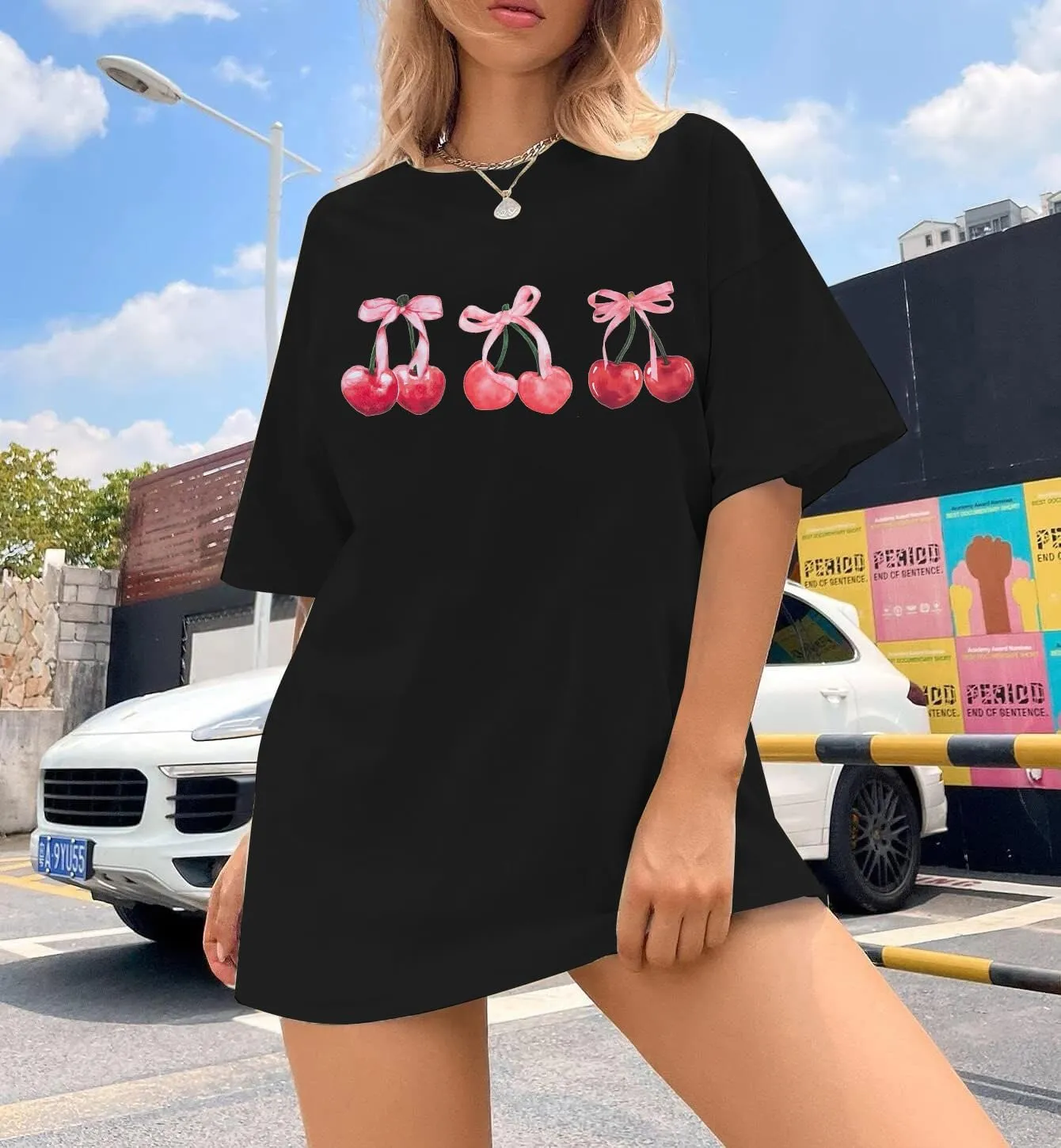 Pink Bow Cherries Shirt Women: Coquette Tops Clean Girl Aesthetic Shirts Casual Summer Short Sleeve Tshirt