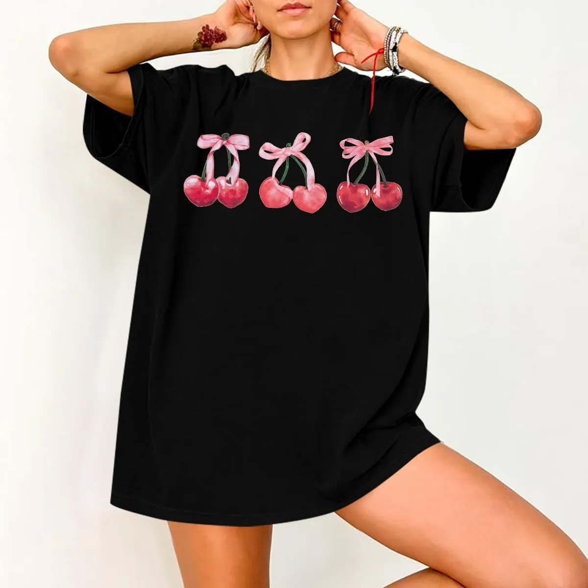 Pink Bow Cherries Shirt Women: Coquette Tops Clean Girl Aesthetic Shirts Casual Summer Short Sleeve Tshirt