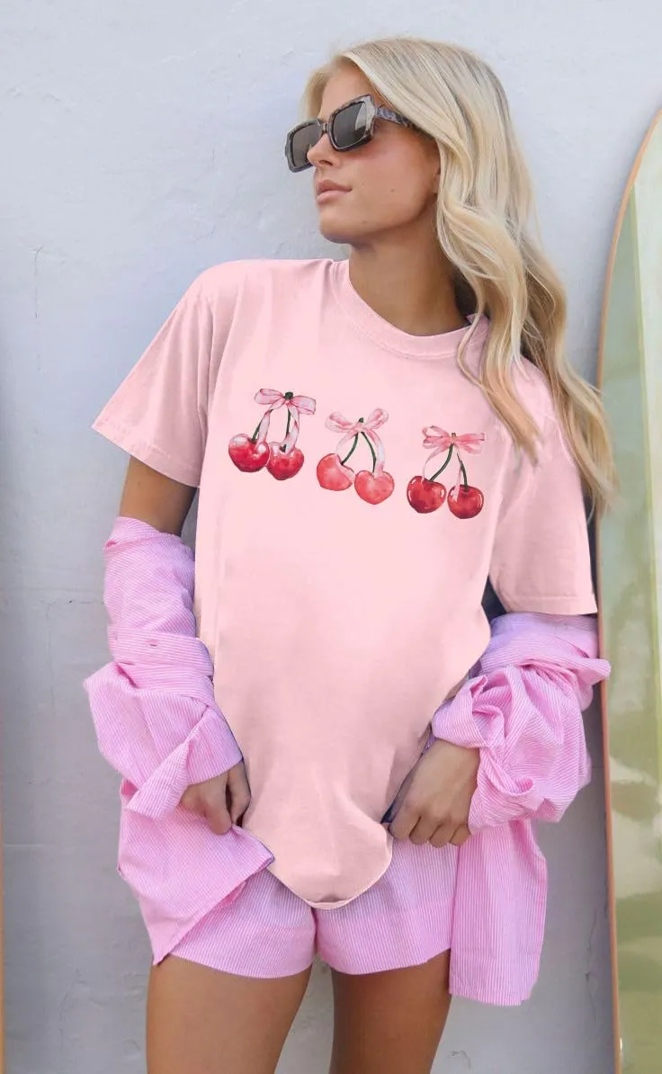 Pink Bow Cherries Shirt Women: Coquette Tops Clean Girl Aesthetic Shirts Casual Summer Short Sleeve Tshirt