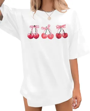 Pink Bow Cherries Shirt Women: Coquette Tops Clean Girl Aesthetic Shirts Casual Summer Short Sleeve Tshirt