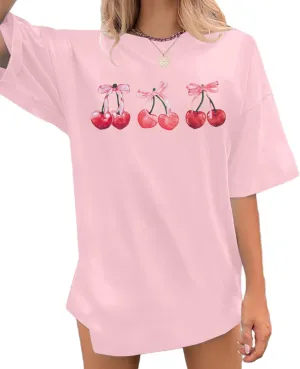 Pink Bow Cherries Shirt Women: Coquette Tops Clean Girl Aesthetic Shirts Casual Summer Short Sleeve Tshirt