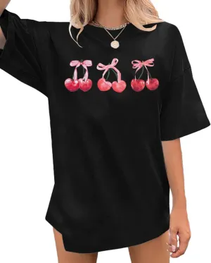 Pink Bow Cherries Shirt Women: Coquette Tops Clean Girl Aesthetic Shirts Casual Summer Short Sleeve Tshirt