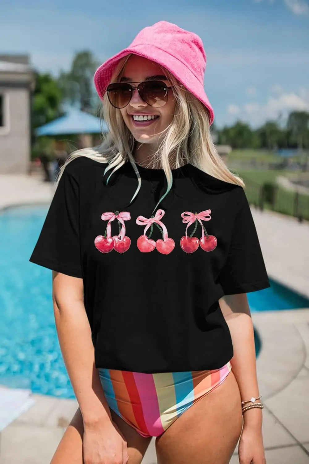 Pink Bow Cherries Shirt Women: Coquette Tops Clean Girl Aesthetic Shirts Casual Summer Short Sleeve Tshirt