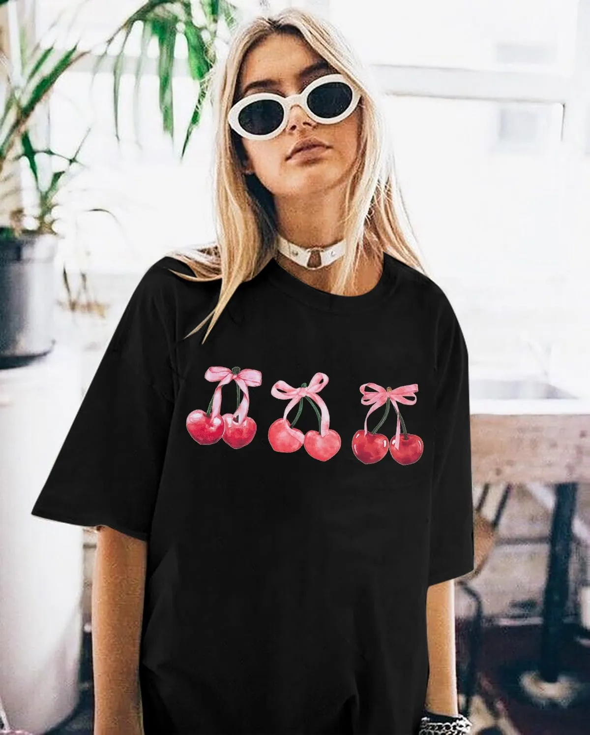 Pink Bow Cherries Shirt Women: Coquette Tops Clean Girl Aesthetic Shirts Casual Summer Short Sleeve Tshirt