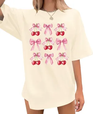 Pink Bow Cherries Shirt Women: Coquette Tops Clean Girl Aesthetic Shirts Casual Summer Short Sleeve Tshirt
