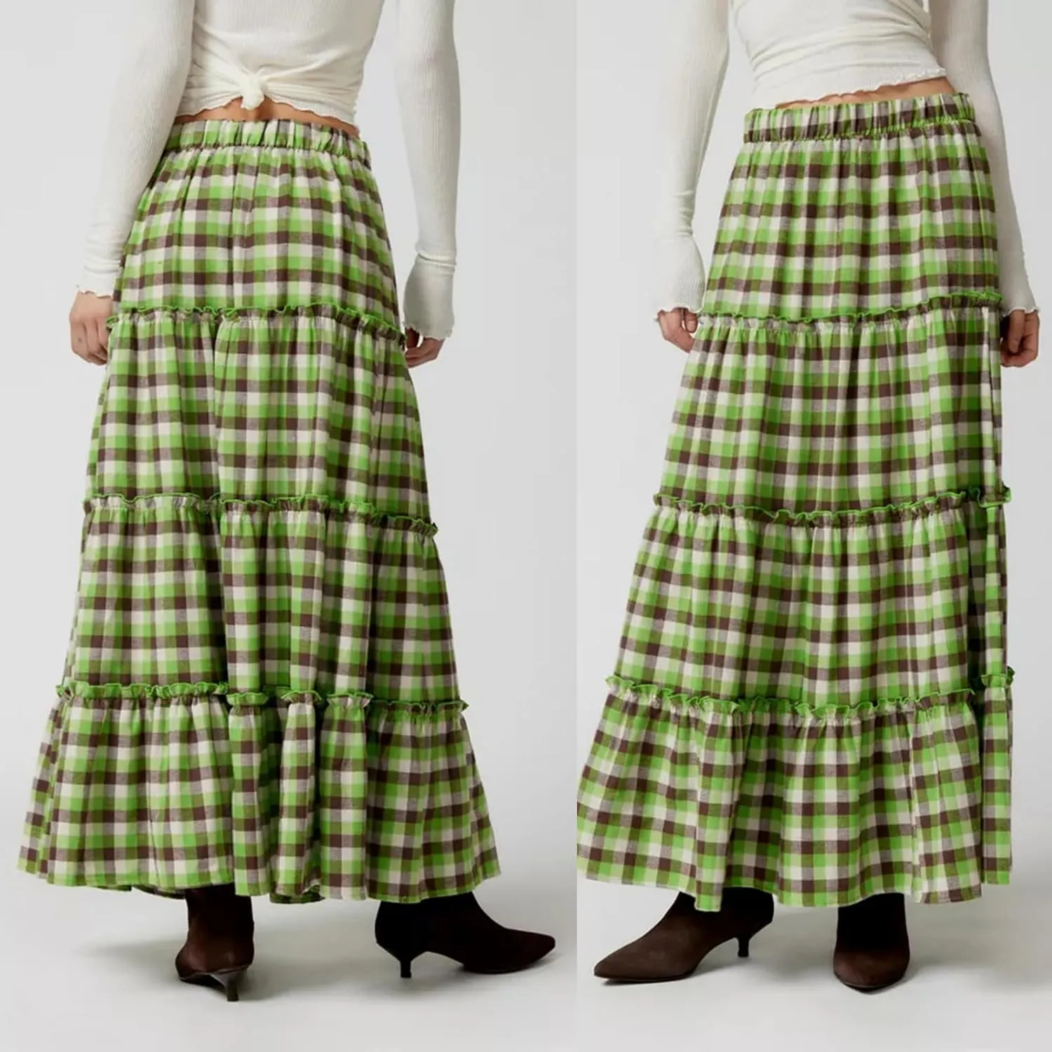 Plaid Tiered Maxi Skirt for Women Elastic High Waisted A-line Layered Gingham Ruffle Long Flowy Skirts