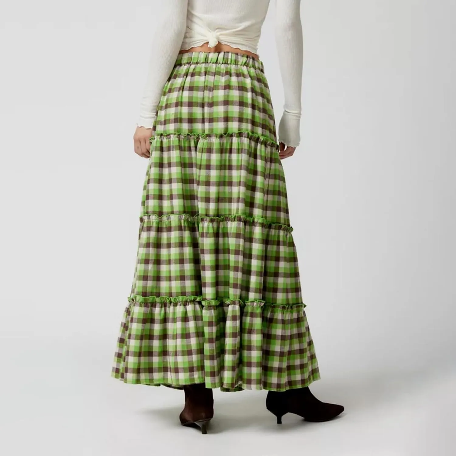 Plaid Tiered Maxi Skirt for Women Elastic High Waisted A-line Layered Gingham Ruffle Long Flowy Skirts