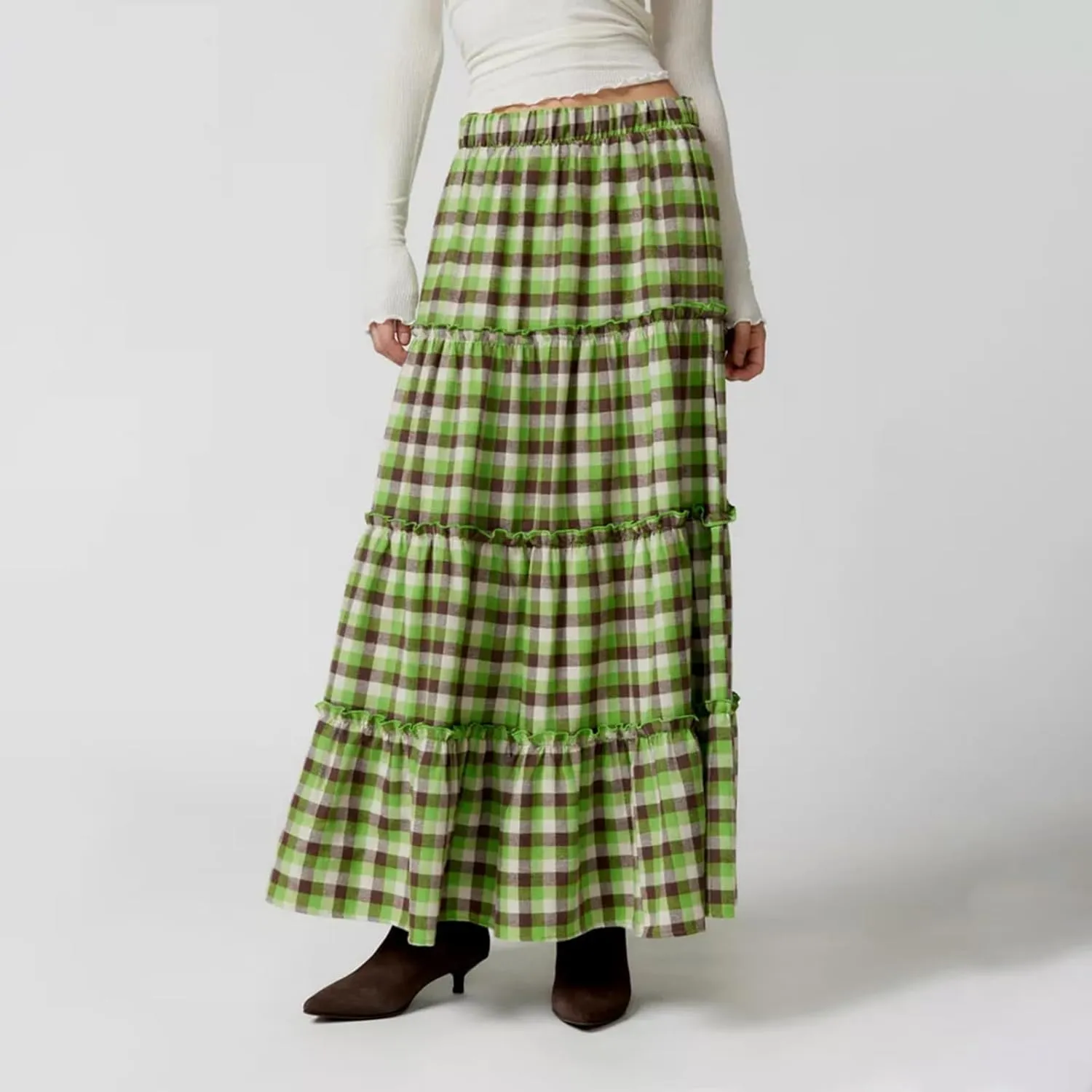 Plaid Tiered Maxi Skirt for Women Elastic High Waisted A-line Layered Gingham Ruffle Long Flowy Skirts