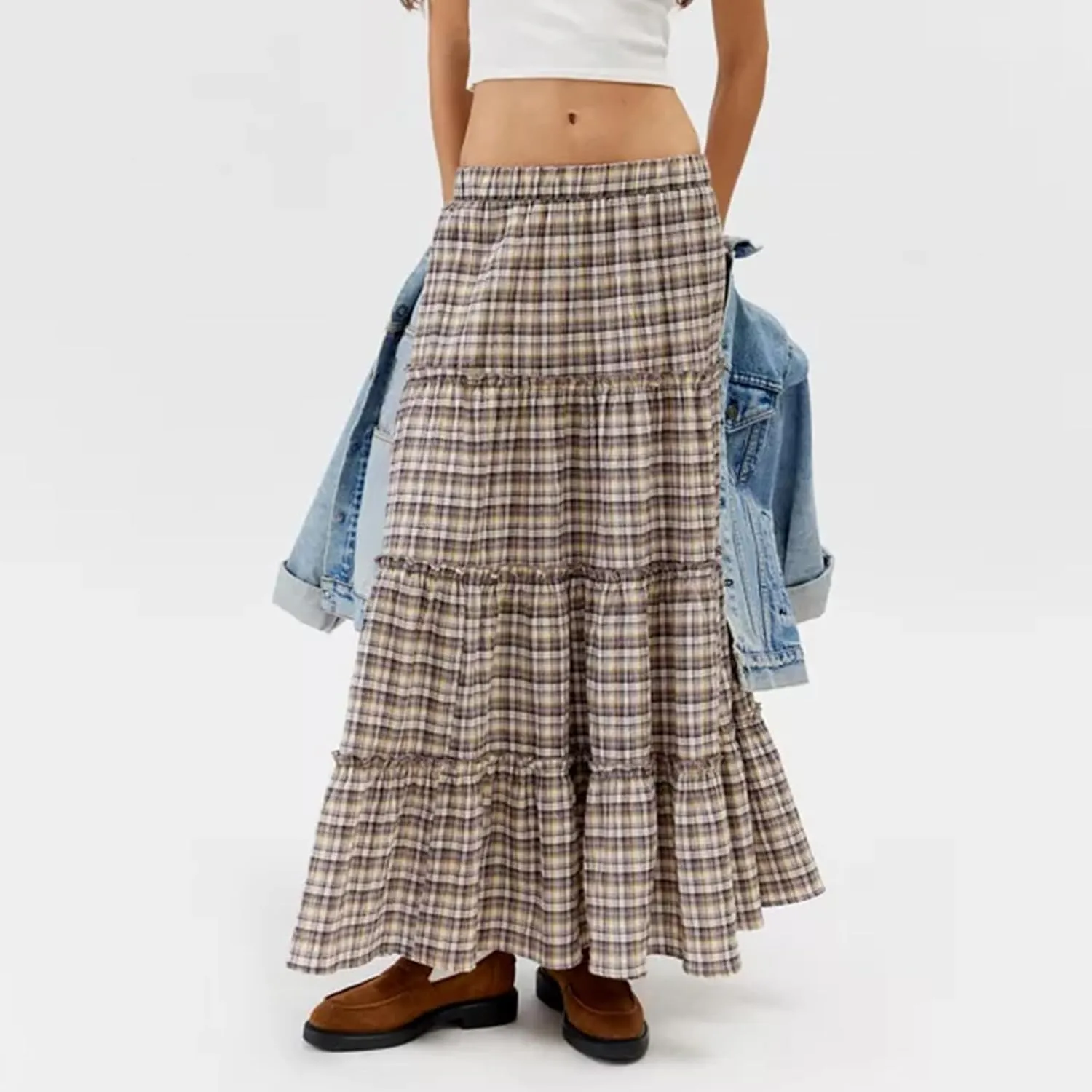 Plaid Tiered Maxi Skirt for Women Elastic High Waisted A-line Layered Gingham Ruffle Long Flowy Skirts