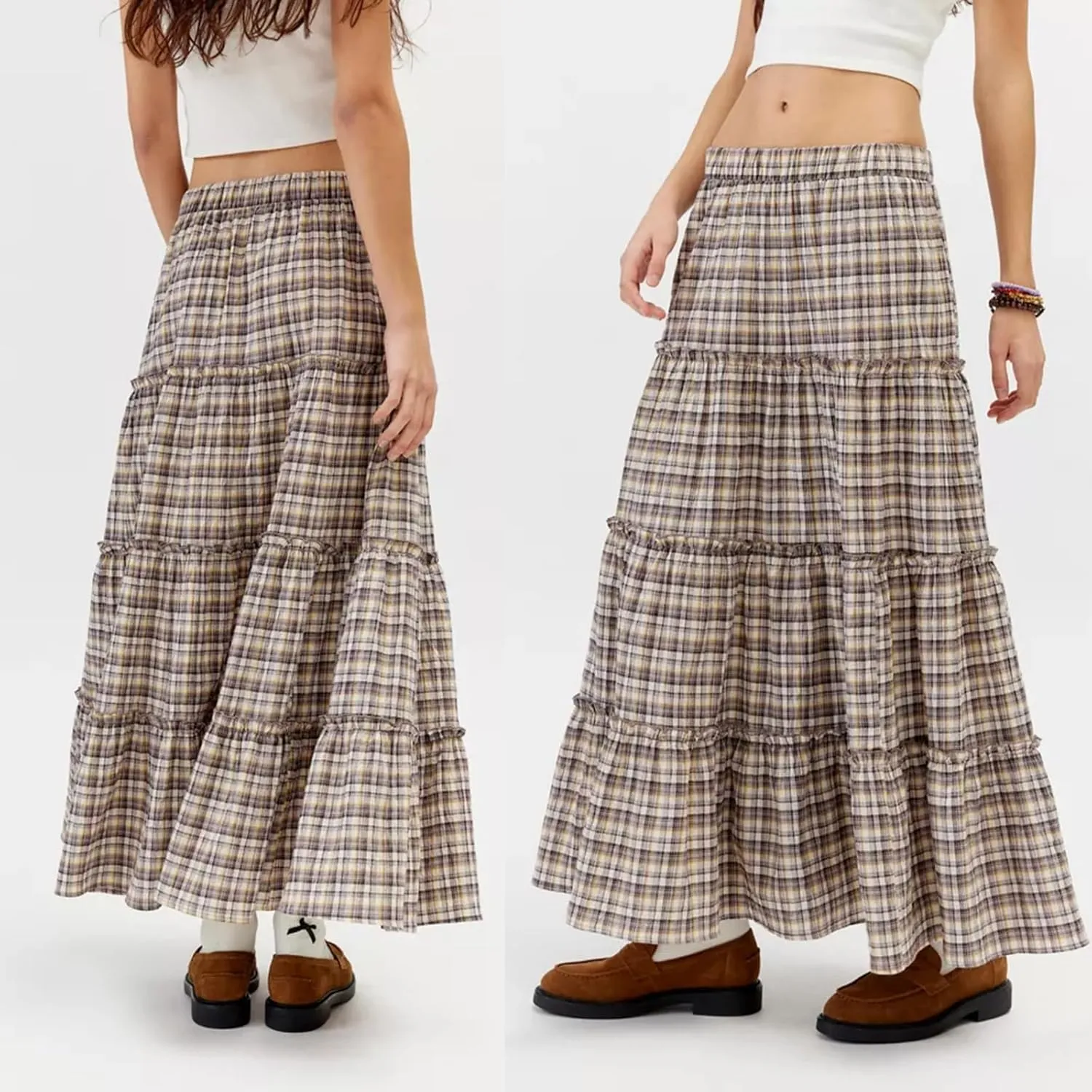 Plaid Tiered Maxi Skirt for Women Elastic High Waisted A-line Layered Gingham Ruffle Long Flowy Skirts