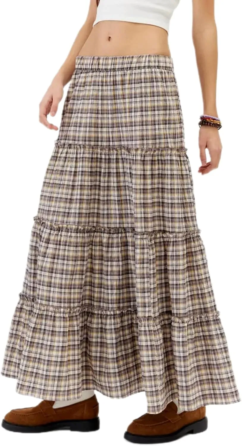 Plaid Tiered Maxi Skirt for Women Elastic High Waisted A-line Layered Gingham Ruffle Long Flowy Skirts
