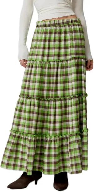 Plaid Tiered Maxi Skirt for Women Elastic High Waisted A-line Layered Gingham Ruffle Long Flowy Skirts