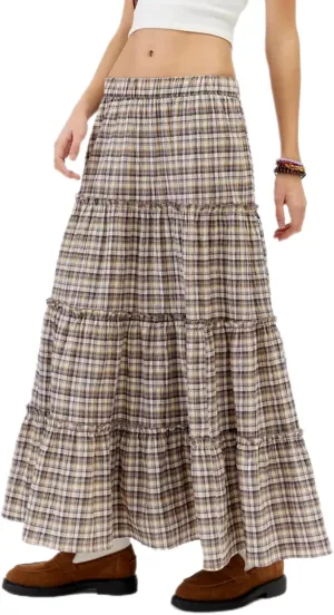 Plaid Tiered Maxi Skirt for Women Elastic High Waisted A-line Layered Gingham Ruffle Long Flowy Skirts
