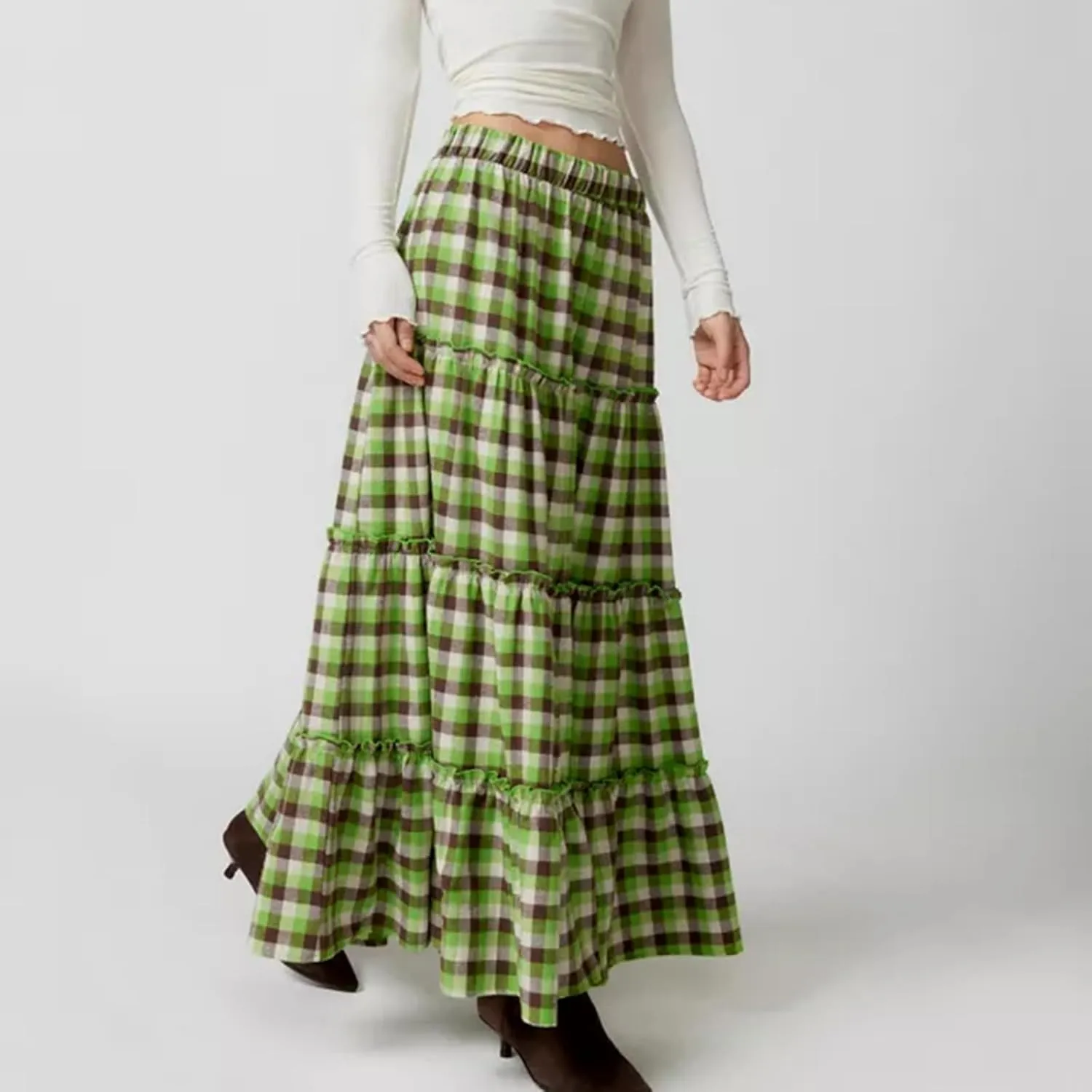 Plaid Tiered Maxi Skirt for Women Elastic High Waisted A-line Layered Gingham Ruffle Long Flowy Skirts