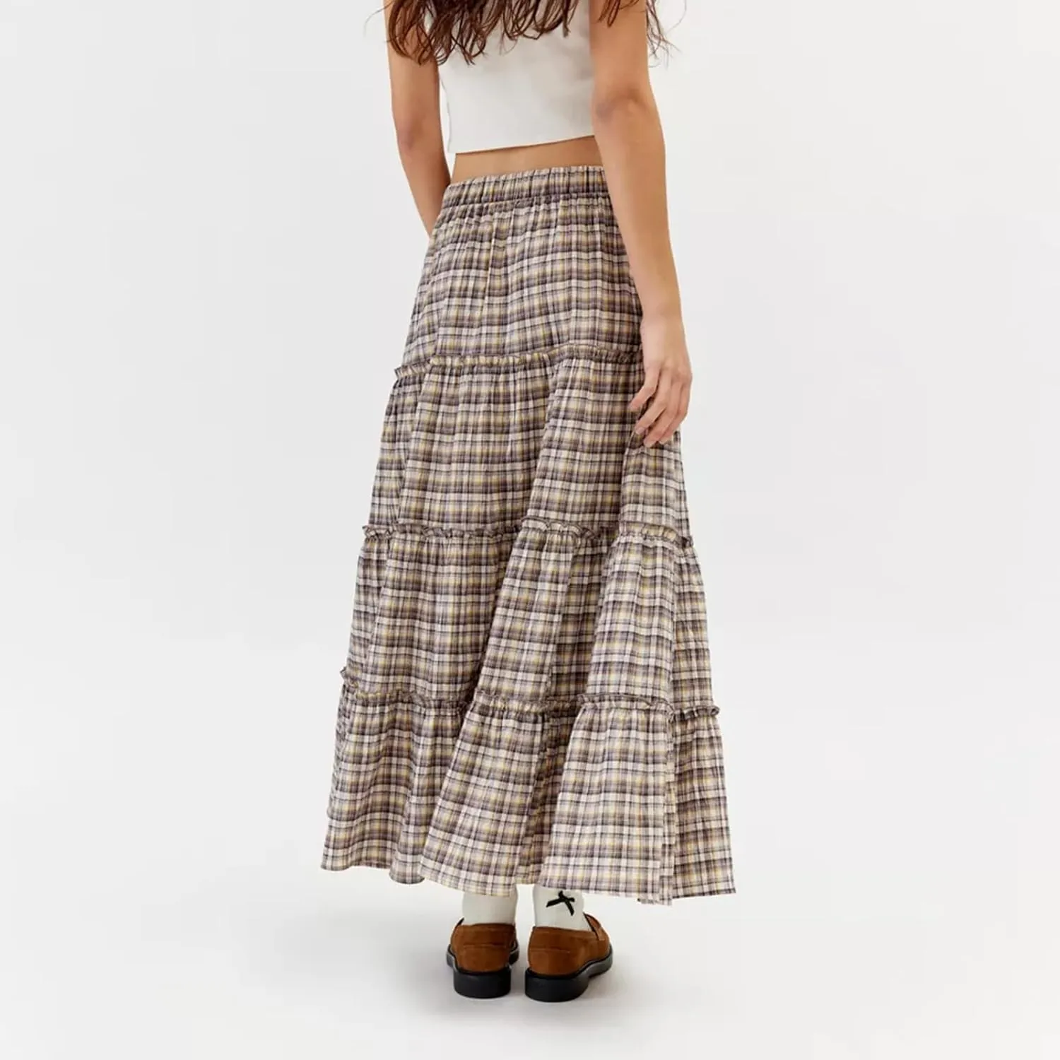 Plaid Tiered Maxi Skirt for Women Elastic High Waisted A-line Layered Gingham Ruffle Long Flowy Skirts