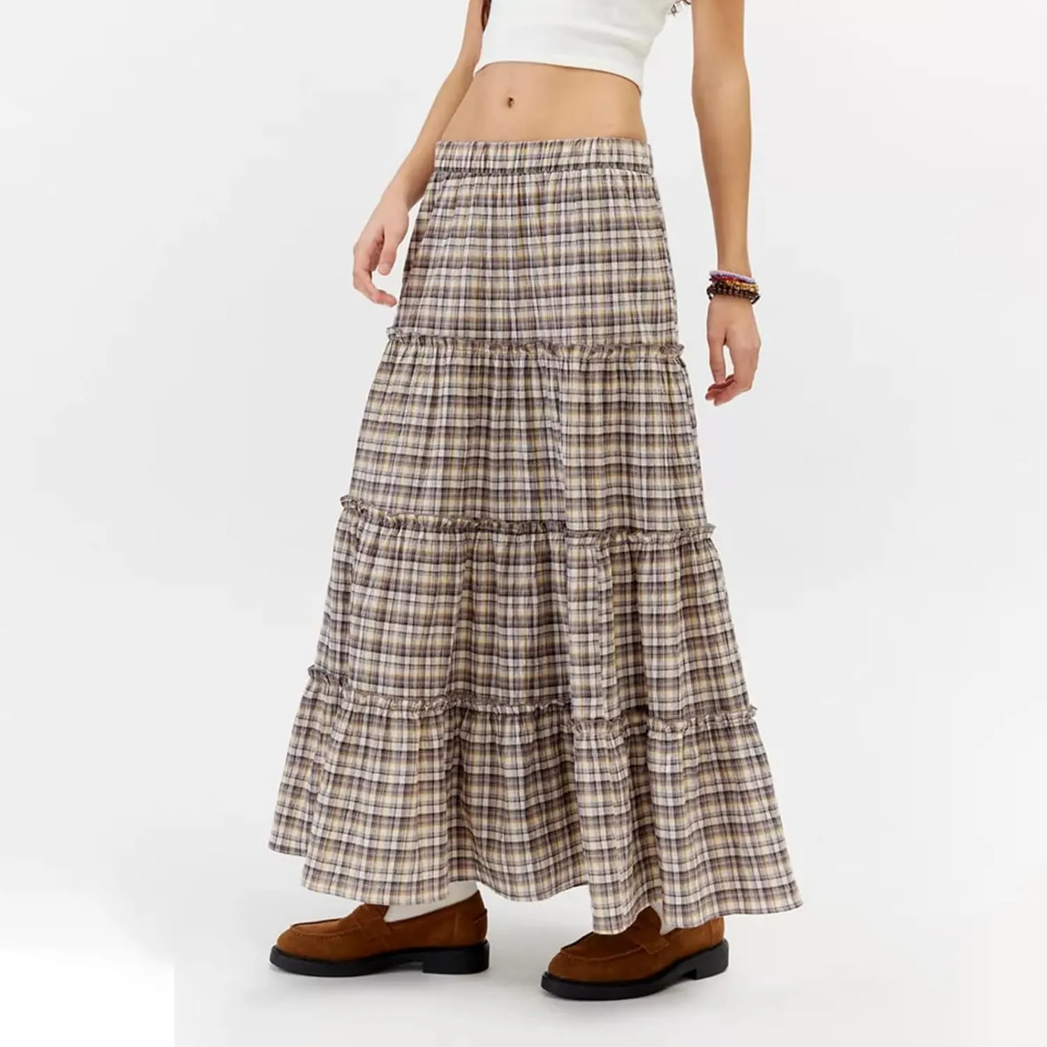 Plaid Tiered Maxi Skirt for Women Elastic High Waisted A-line Layered Gingham Ruffle Long Flowy Skirts