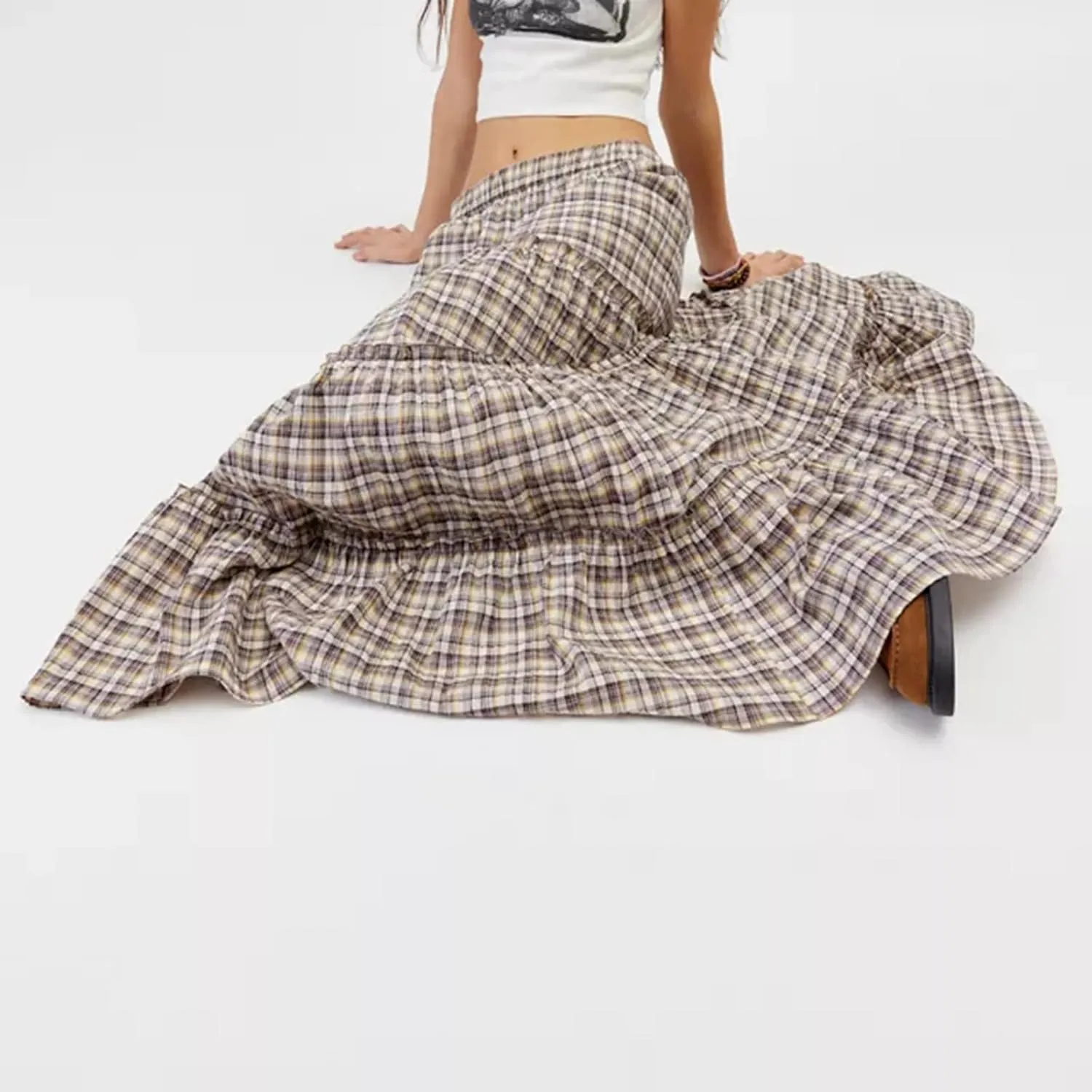 Plaid Tiered Maxi Skirt for Women Elastic High Waisted A-line Layered Gingham Ruffle Long Flowy Skirts