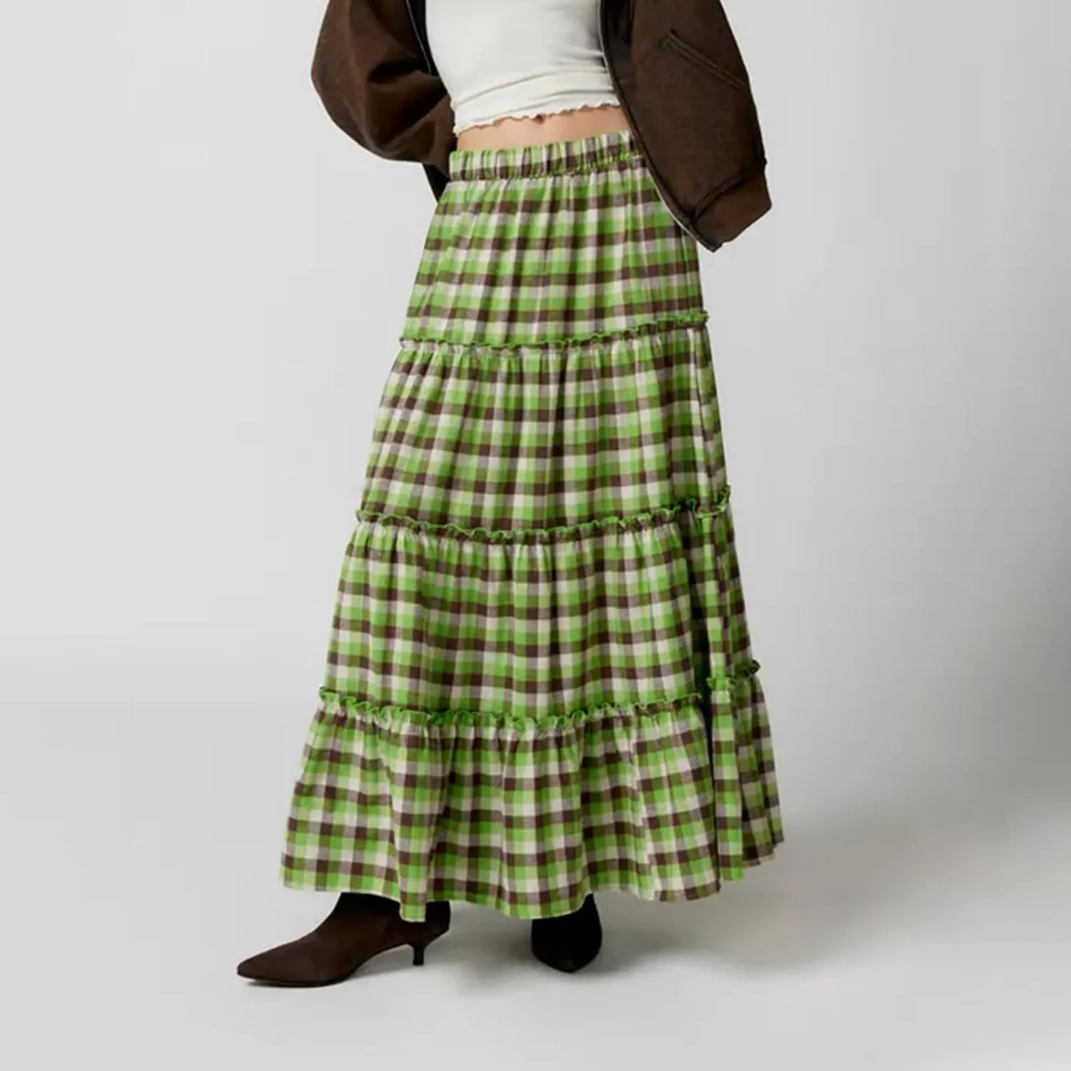 Plaid Tiered Maxi Skirt for Women Elastic High Waisted A-line Layered Gingham Ruffle Long Flowy Skirts