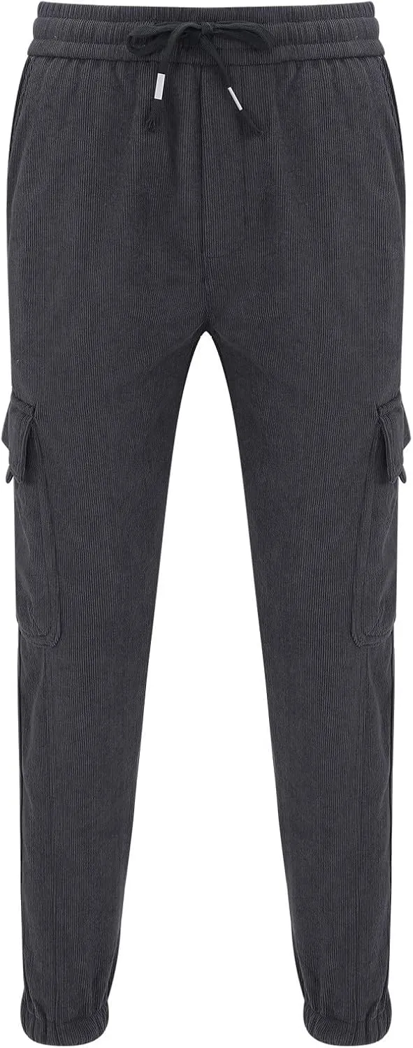 Plus Size Corduroy Cargo Pants Men Pocket Elastic String Waist Sweatpants Warm Casual Sports Tapered Jogger Trousers