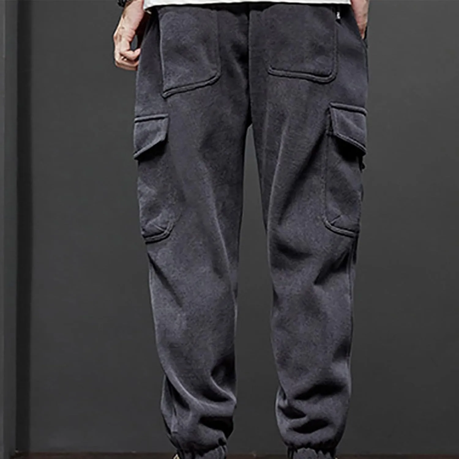 Plus Size Corduroy Cargo Pants Men Pocket Elastic String Waist Sweatpants Warm Casual Sports Tapered Jogger Trousers