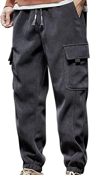 Plus Size Corduroy Cargo Pants Men Pocket Elastic String Waist Sweatpants Warm Casual Sports Tapered Jogger Trousers