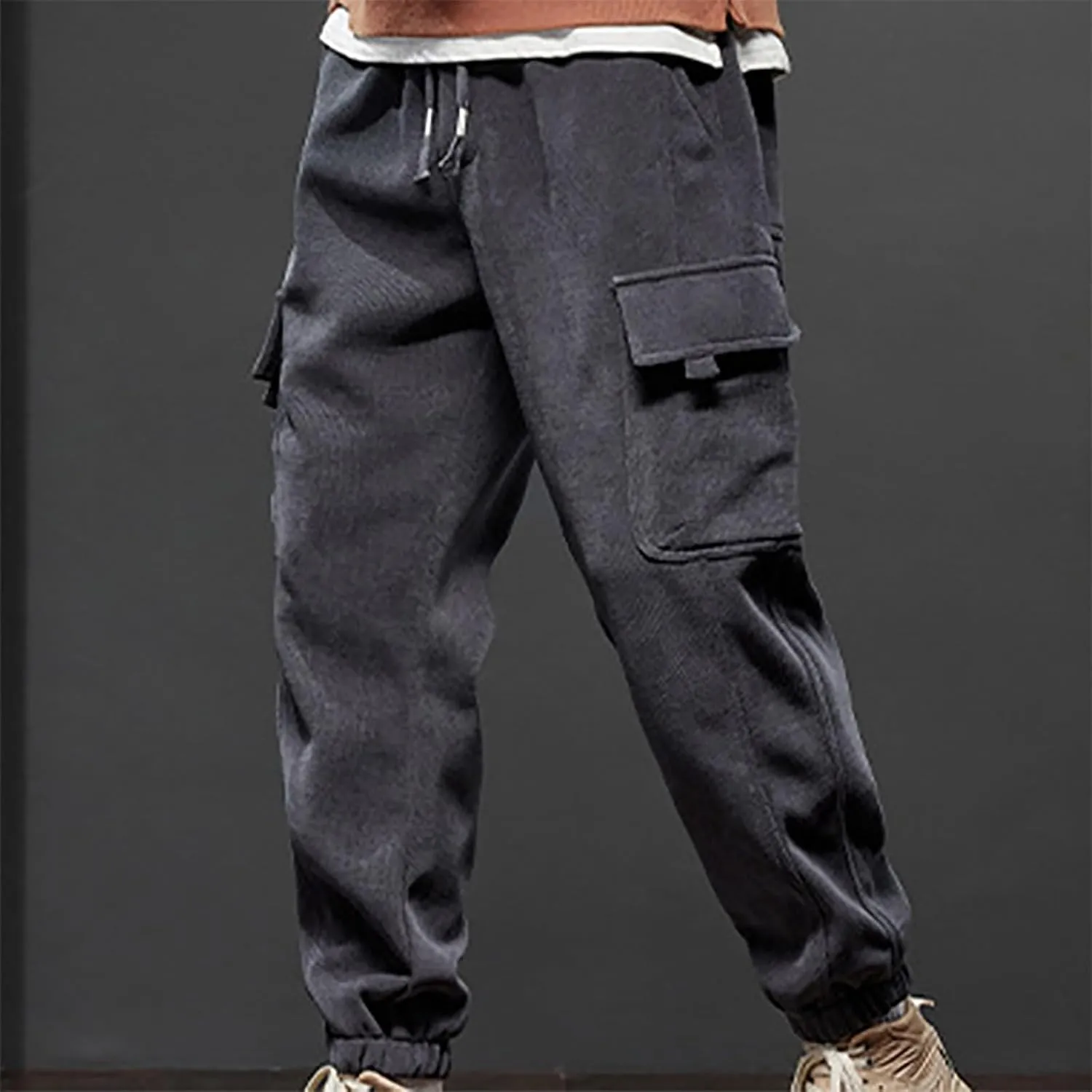 Plus Size Corduroy Cargo Pants Men Pocket Elastic String Waist Sweatpants Warm Casual Sports Tapered Jogger Trousers
