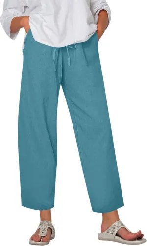 Plus Size Pants for Women Summer Drawstring High Waist Straight Leg Slacks Solid Color Travel Trousers with Pockets