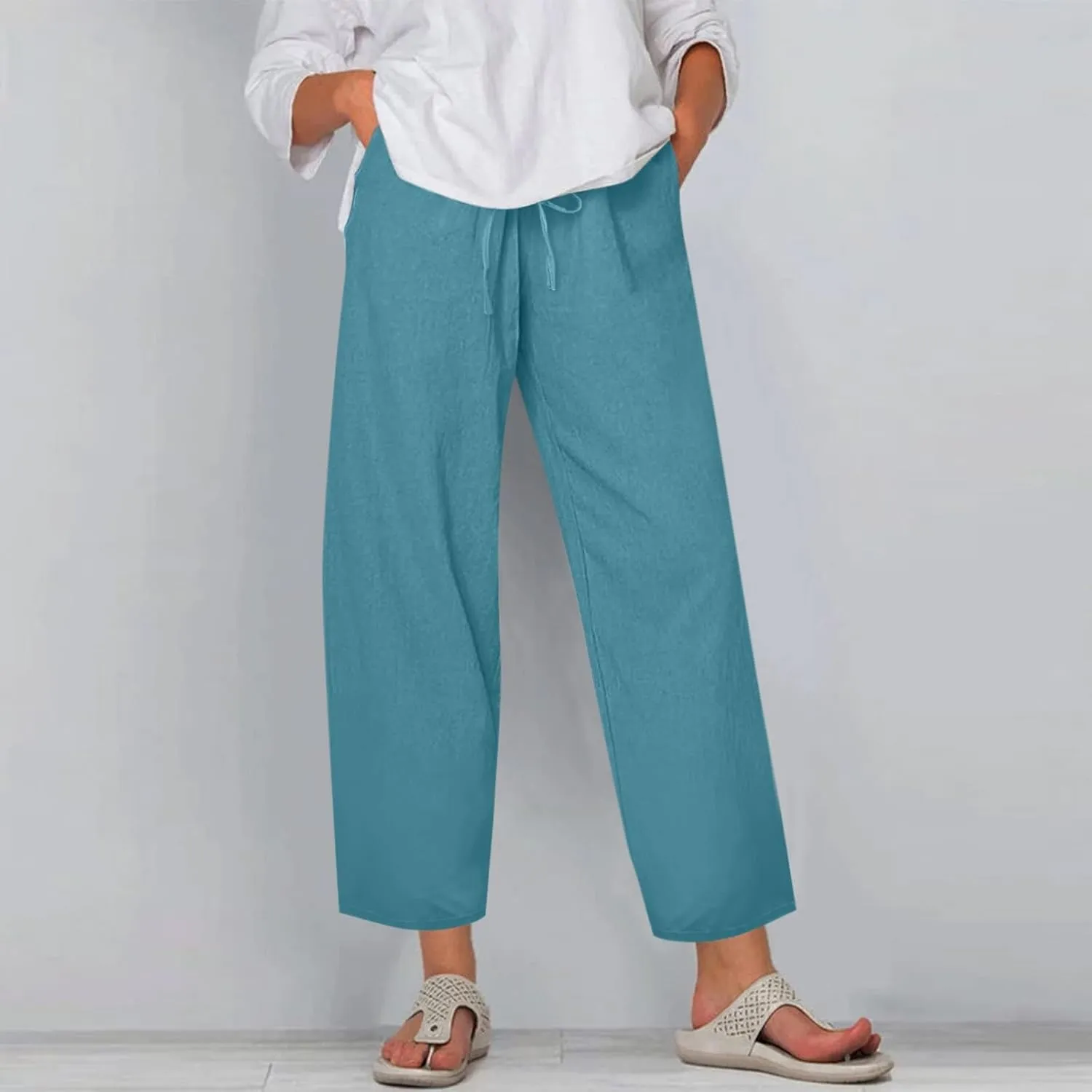 Plus Size Pants for Women Summer Drawstring High Waist Straight Leg Slacks Solid Color Travel Trousers with Pockets