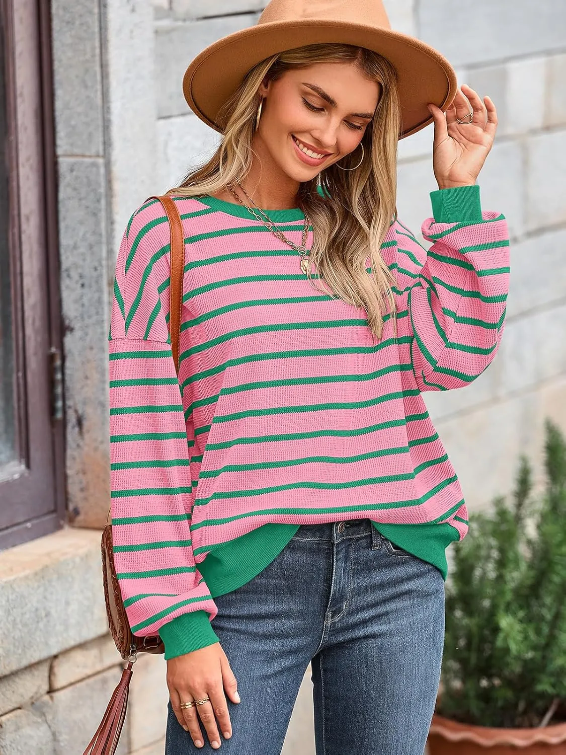PRETTYGARDEN Oversized Sweatshirt For Women Crewneck Long Sleeve Striped Shirt Casual Fall Preppy Clothes Y2K Pullover Tops