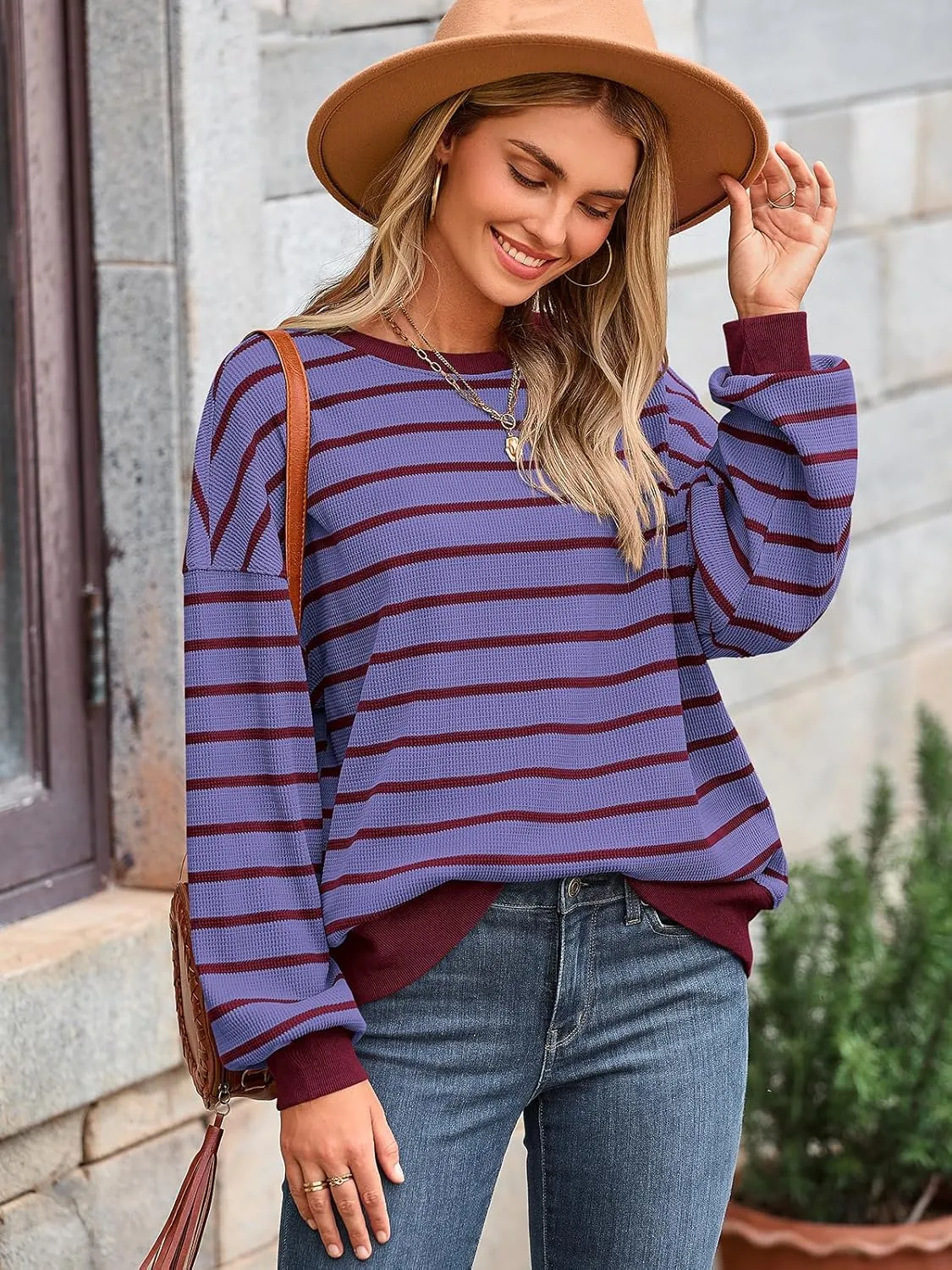 PRETTYGARDEN Oversized Sweatshirt For Women Crewneck Long Sleeve Striped Shirt Casual Fall Preppy Clothes Y2K Pullover Tops