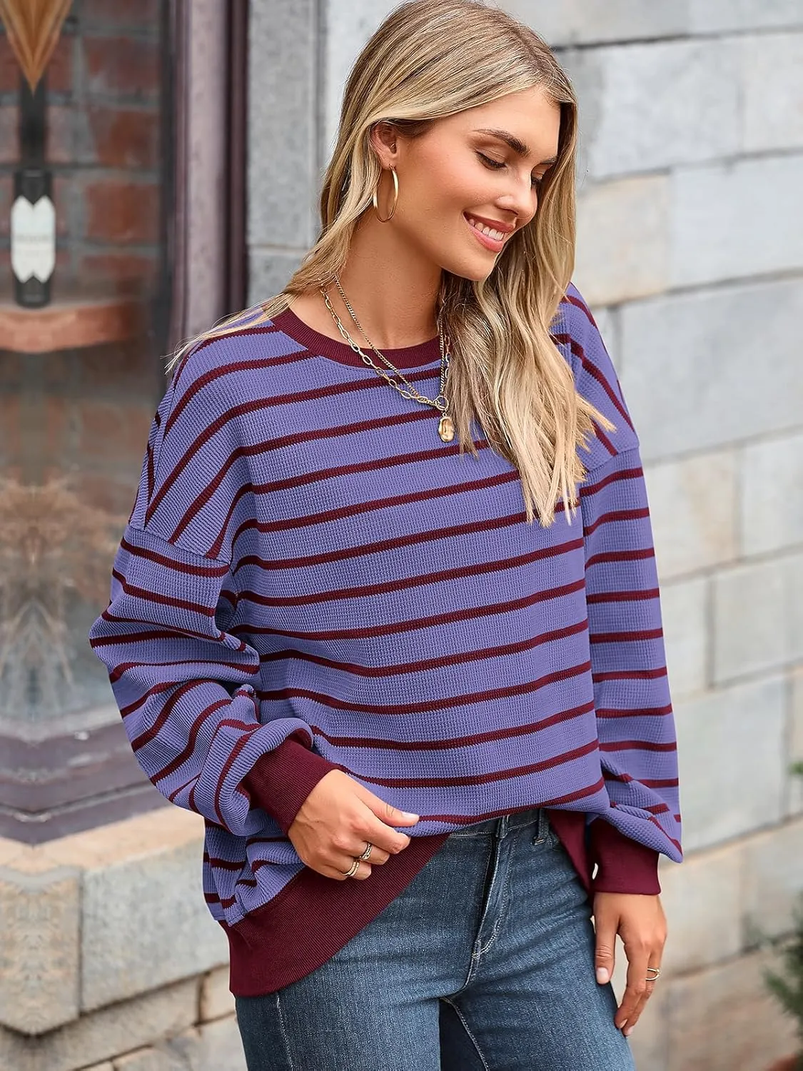 PRETTYGARDEN Oversized Sweatshirt For Women Crewneck Long Sleeve Striped Shirt Casual Fall Preppy Clothes Y2K Pullover Tops