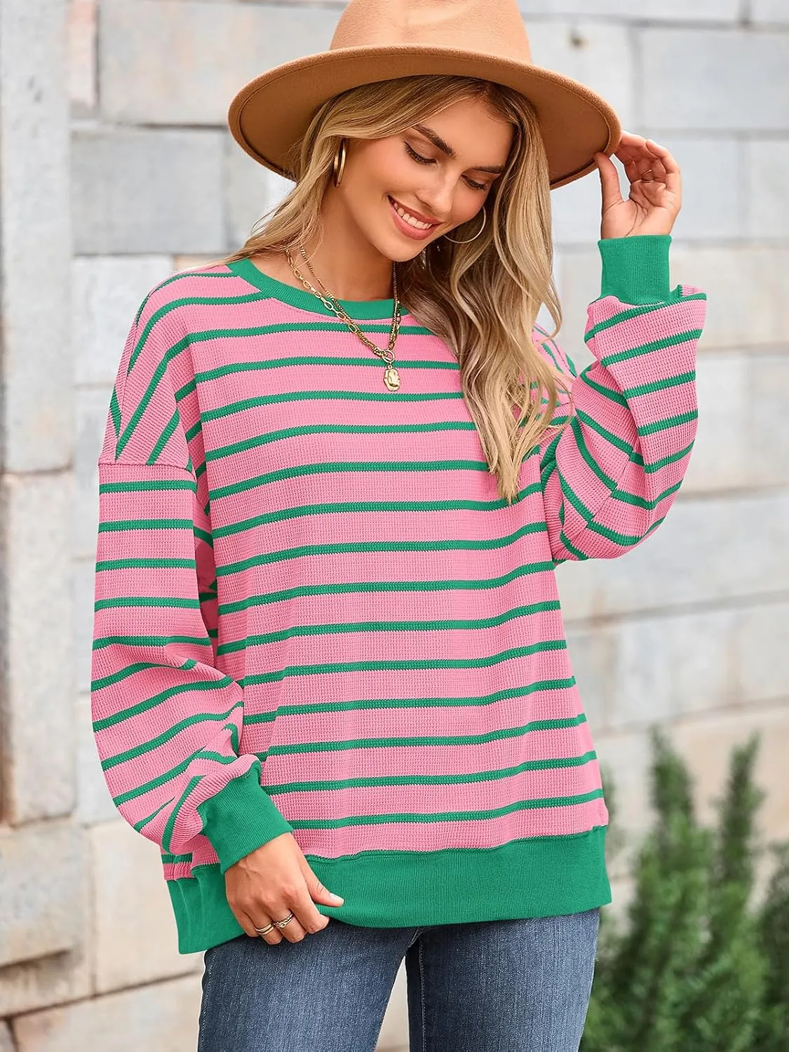 PRETTYGARDEN Oversized Sweatshirt For Women Crewneck Long Sleeve Striped Shirt Casual Fall Preppy Clothes Y2K Pullover Tops