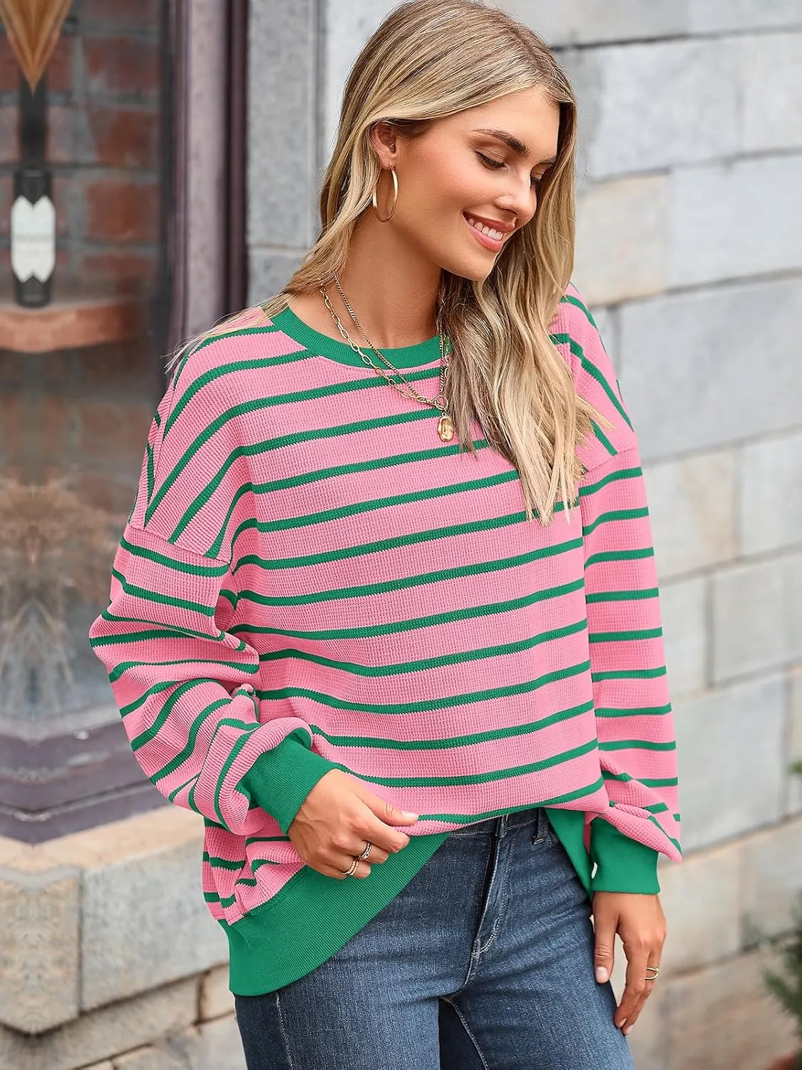 PRETTYGARDEN Oversized Sweatshirt For Women Crewneck Long Sleeve Striped Shirt Casual Fall Preppy Clothes Y2K Pullover Tops