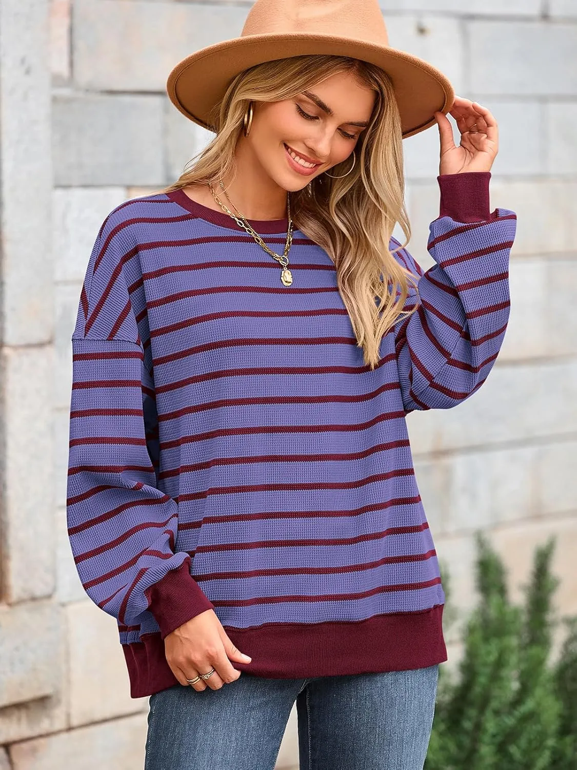 PRETTYGARDEN Oversized Sweatshirt For Women Crewneck Long Sleeve Striped Shirt Casual Fall Preppy Clothes Y2K Pullover Tops