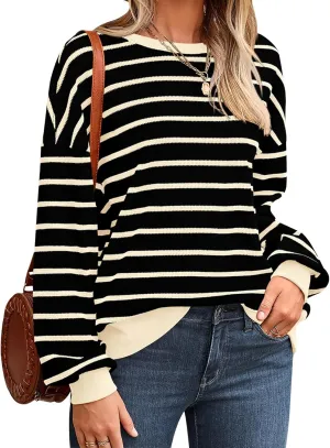 PRETTYGARDEN Oversized Sweatshirt For Women Crewneck Long Sleeve Striped Shirt Casual Fall Preppy Clothes Y2K Pullover Tops