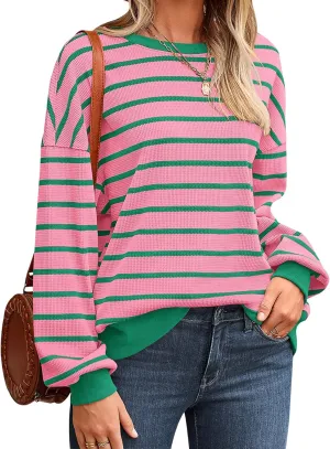 PRETTYGARDEN Oversized Sweatshirt For Women Crewneck Long Sleeve Striped Shirt Casual Fall Preppy Clothes Y2K Pullover Tops