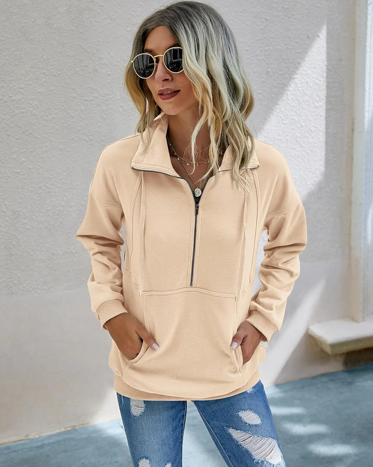 PRETTYGARDEN Women's Casual Long Sleeve Lapel Zipper Sweatshirt Drawstring Loose Pullover Tops