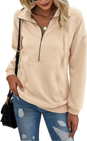 PRETTYGARDEN Women's Casual Long Sleeve Lapel Zipper Sweatshirt Drawstring Loose Pullover Tops