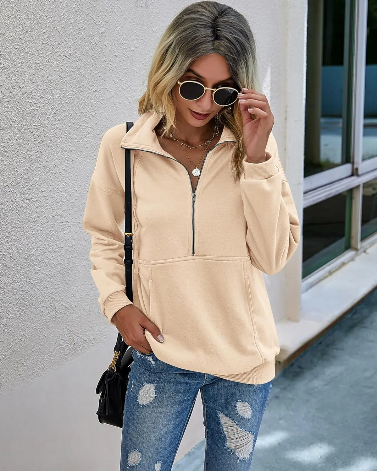 PRETTYGARDEN Women's Casual Long Sleeve Lapel Zipper Sweatshirt Drawstring Loose Pullover Tops