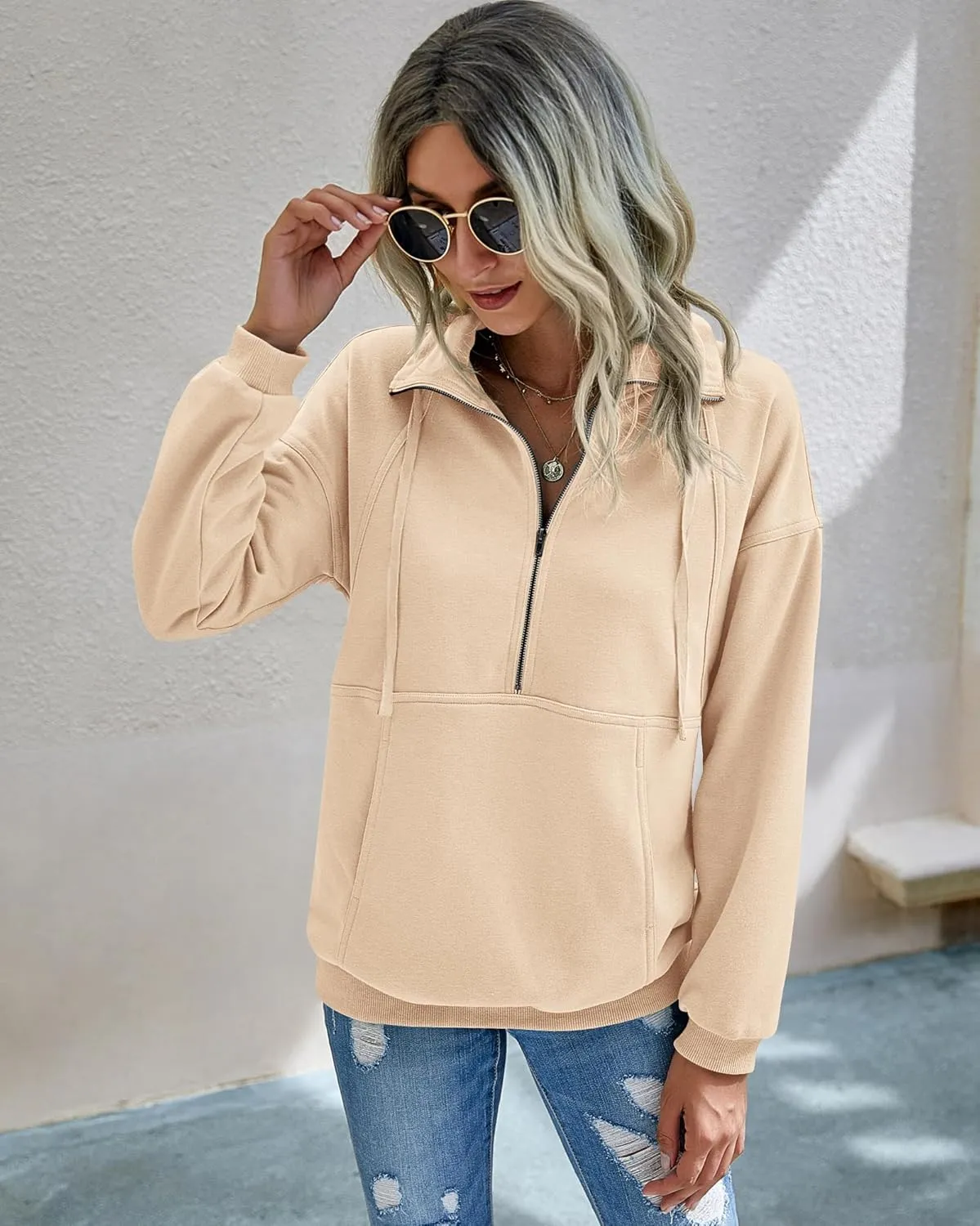 PRETTYGARDEN Women's Casual Long Sleeve Lapel Zipper Sweatshirt Drawstring Loose Pullover Tops