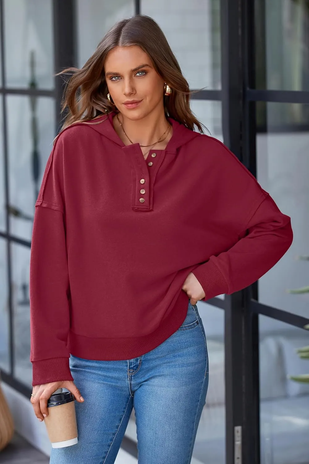 PRETTYGARDEN Womens Cropped Sweatshirt Hoodies Long Sleeve V Neck Button Hooded Pullover Tops 2024 Fall Trendy Outfits