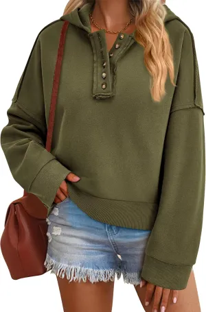 PRETTYGARDEN Womens Cropped Sweatshirt Hoodies Long Sleeve V Neck Button Hooded Pullover Tops 2024 Fall Trendy Outfits