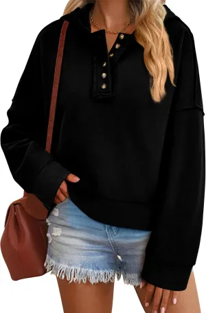 PRETTYGARDEN Womens Cropped Sweatshirt Hoodies Long Sleeve V Neck Button Hooded Pullover Tops 2024 Fall Trendy Outfits