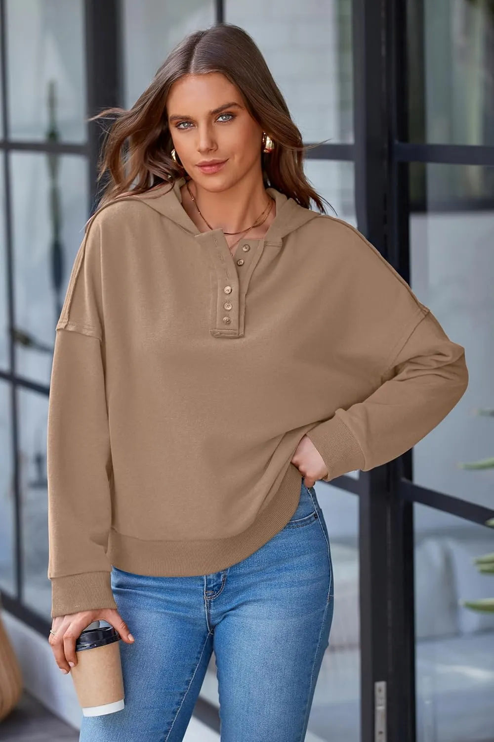 PRETTYGARDEN Womens Cropped Sweatshirt Hoodies Long Sleeve V Neck Button Hooded Pullover Tops 2024 Fall Trendy Outfits