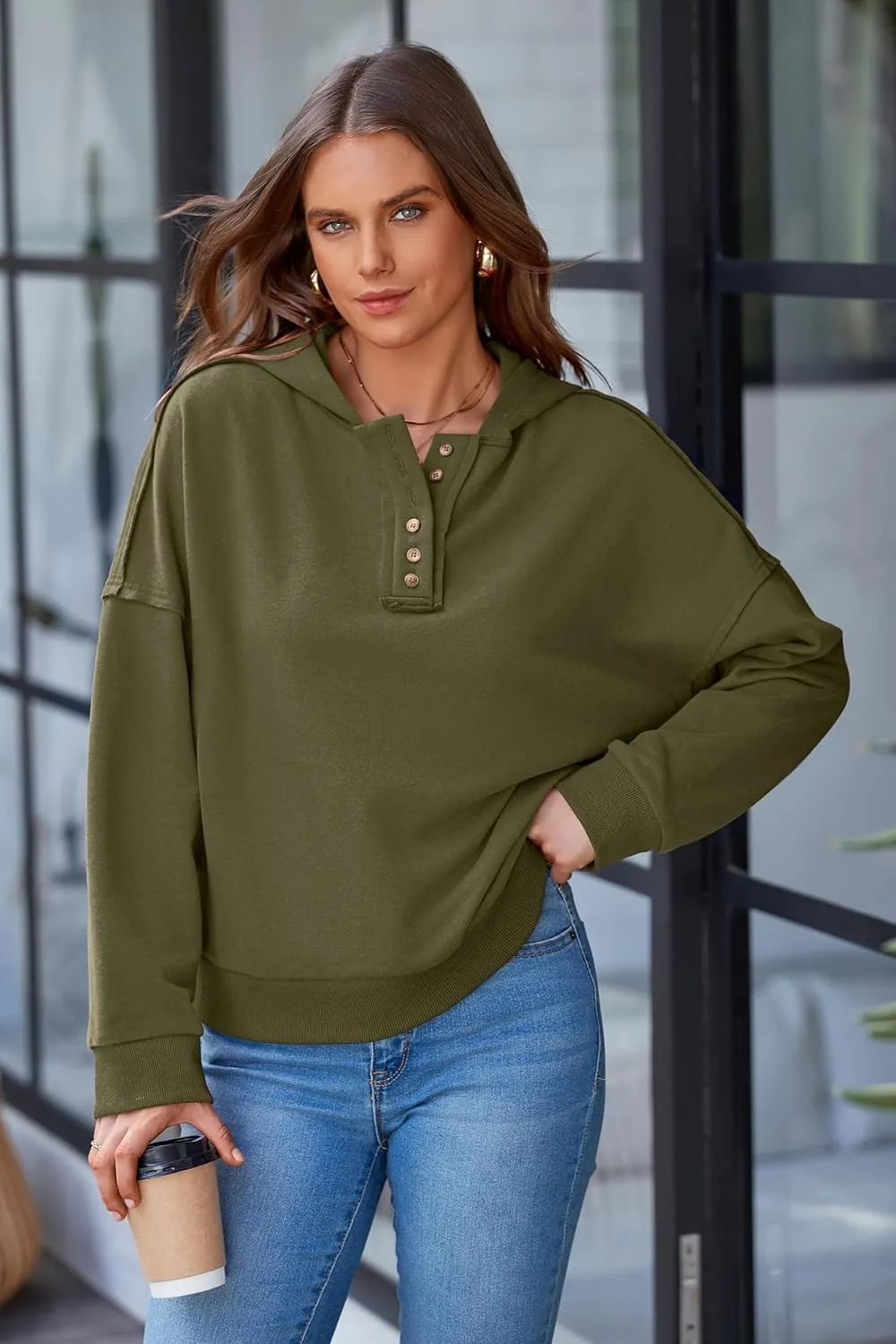 PRETTYGARDEN Womens Cropped Sweatshirt Hoodies Long Sleeve V Neck Button Hooded Pullover Tops 2024 Fall Trendy Outfits