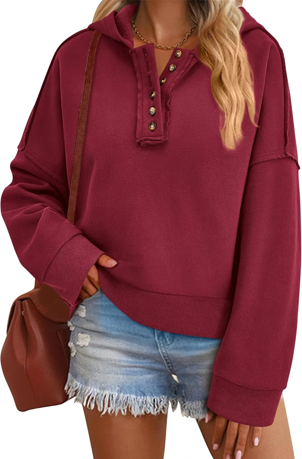 PRETTYGARDEN Womens Cropped Sweatshirt Hoodies Long Sleeve V Neck Button Hooded Pullover Tops 2024 Fall Trendy Outfits